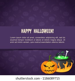 Abstract festive Halloween template with text evil pumpkin potion boiling in cauldron on purple background vector illustration