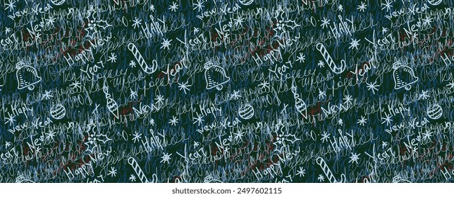 Abstract festive new year pattern, hand drawn, imitating hand written text. Vector seamless grunge pattern and Christmas decorations and snowflakes. For background, postcard, poster, greeting card