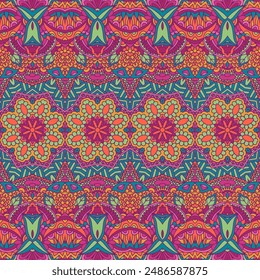 Abstract festive pattern for fabric. Geometric flowers doodle colorful seamless pattern ornamental. Ethnic bright decorative textile print.