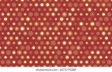 Abstrato vermelho festivo e padrão de círculo dourado.  Perfeito para fundos de férias, têxteis ou desenhos comemorativos.  Esta textura geométrica e repetida evoca alegria e sofisticação.