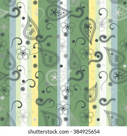 Abstract festive seamless pattern with indian elements on the green retro striped background. Vector design for textile, wallpaper. 