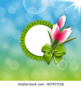 Abstract festive spring background with bokeh effect, lace frame, ribbon, bow, tulips for design of invitation, greeting, gift card, web site, page design. Vector illustration EPS 10.