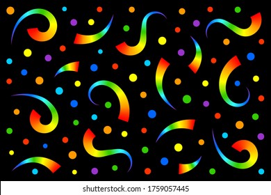 Abstract festive trendy vibrant colorful background from bright rainbow gradient bent strips and colored circles for greeting and birthday postcards, flyers and ads. Minimalistic shapes, modern design