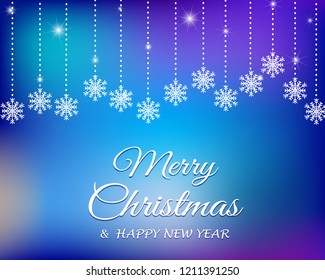 Abstract festive vector background with hanging snowflakes and sparkles, eps 10. Merry Christmas and happy new year text.