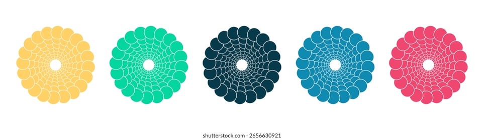 Abstractas patrón de espiral de Fibonacci en Colores llamativos Formas circulares amarillo, verde, azul marino, azul, rosa para fondos, presentaciones, proyectos gráficos modernos.