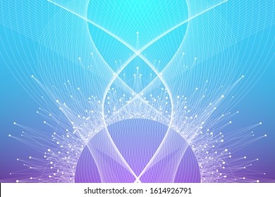 Abstract fiction vector illustration quantum computer technology. Sphere explosion background. Deep learning artificial intelligence. Big data visualization algorithms. Waves flow. Quantum explosion.