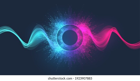 Abstract fiction vector illustration quantum computer technology. Sphere explosion background. Deep learning artificial intelligence. Big data visualization algorithms. Waves flow. Quantum explosion.