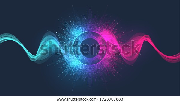 Abstract fiction vector illustration quantum\
computer technology. Sphere explosion background. Deep learning\
artificial intelligence. Big data visualization algorithms. Waves\
flow. Quantum\
explosion.