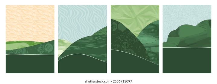 Abstract field background with texture and pattern featuring rice, wheat, corn. Eco-friendly design with vineyard, tea. Illustration of rural landscape, organic crop, rolling hill. Flat collage style