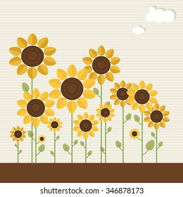 Abstract Field Of Colorful Sunflowers With Clouds