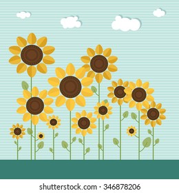 Abstract Field Of Colorful Sunflowers With Clouds