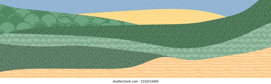 Abstract field or farm land landscape vector background illustration with texture. Minimalistic ecology collage, decorative farmland banner, rural countryside. Contemporary agro design, eco plantation