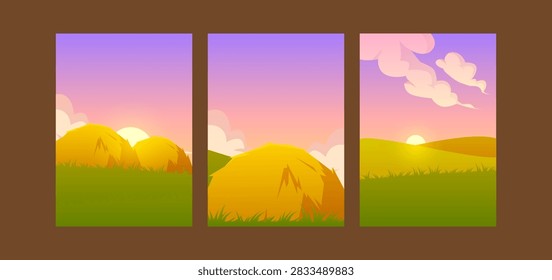Abstract field landscape with grass, vector spring scenery and countryside views. Summer meadow with sunny sky and hills. Gradient illustration for rural farm banners and nature posters.