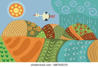 Abstract field or vegetable garden. Image of farm with crop. River or lake with fish. Hills with trees. Beautiful garden. Village landscape with rain. Vector illustration. 