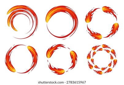 Abstract fiery design featuring bright orange and red flame-like swirls forming circular rings on white background energetic, dynamic. Vector illustration