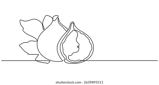 Abstract fig fruit with leaves, Continuous one line drawing isolated on white background, Continuous one single minimal line drawing Figs fruit, Single one line drawing whole healthy organic figs pro.