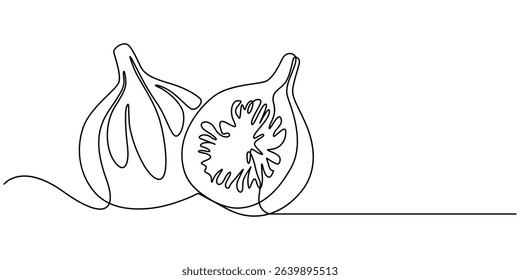 Abstract fig fruit with leaves, Continuous one line drawing isolated on white background, Continuous one single minimal line drawing Figs fruit, Single one line drawing whole healthy organic figs pro.