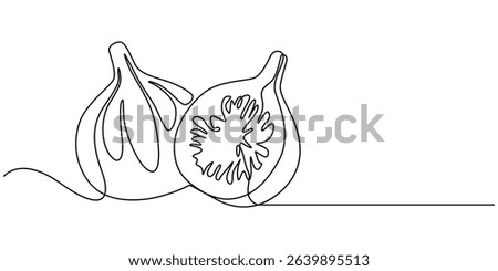 Abstract fig fruit with leaves, Continuous one line drawing isolated on white background, Continuous one single minimal line drawing Figs fruit, Single one line drawing whole healthy organic figs pro.
