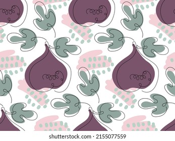 Resumen de frutos de higuera y hojas sin soldadura, Fid fruits sobre fondo blanco. Ilustración de vectores repetidos. Colores pasteles Plantilla de comida para menú café, papel pintado, reserva de recortes, papel de envoltura.