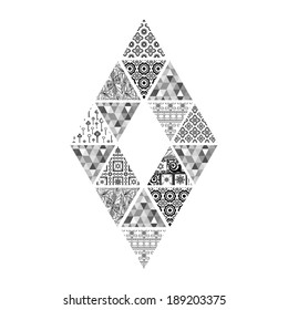 Abstract figure of black and white diamond-shaped triangles with different pictures.Vector.