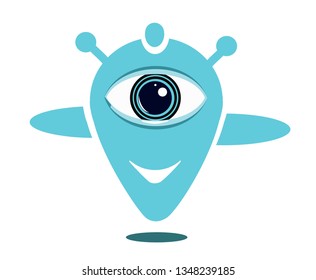 Abstract figure with eye and wings, smiling. Blue color. Flying. Good for logo. 