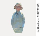Abstract figure with a hat, painted in muted colors. The figure, wearing a hat, is depicted in a textured, abstract style. The hat adds a distinct touch. Vintage character art illustration vector.