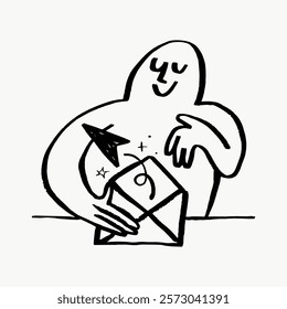 Abstract figure joyfully opening an envelope. Simple black and white line art. Expressive and playful design with a whimsical touch. Simple isolated black line art doodle vector.