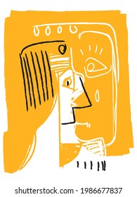 Ilustración de vector aproximada de línea de figura abstracta. Impresión artística, línea artística, grabado, amarillo y negro.