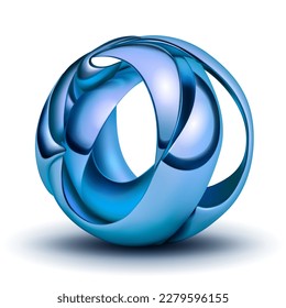 Abstract figure made of blue plates, curved and intertwined in the form of a sphere, with glares and shadow on a white background