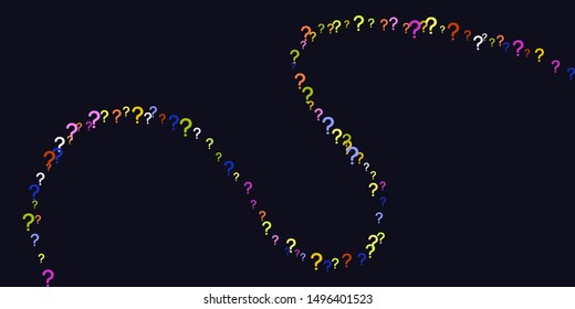 Abstract figure made of bright question marks scattered on a black background. Colorful poll template. Design for query background, faq, interrogation,  quiz, poll. Vector illustration