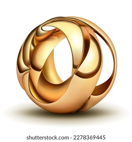 Abstract figure made of golden plates, curved and intertwined in the form of a sphere, with glares and shadow on a white background