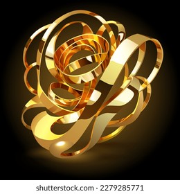 Abstract figure made of intertwined golden shiny metallic ribbons, with glares and glow on dark background