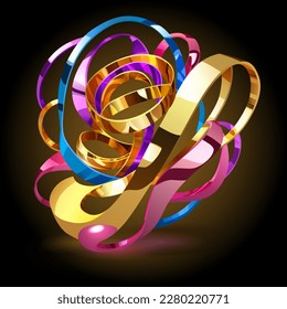 Abstract figure made of intertwined multicolored shiny metallic ribbons, with glares and glow on dark background