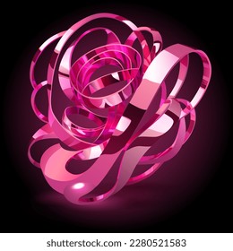Abstract figure made of intertwined pink shiny metallic ribbons, with glares and glow on dark background