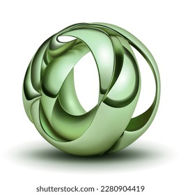 Abstract figure made of light green plates, curved and intertwined in the form of a sphere, with glares and shadow on a white background
