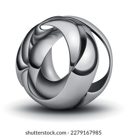 Abstract figure made of silver plates, curved and intertwined in the form of a sphere, with glares and shadow on a white background