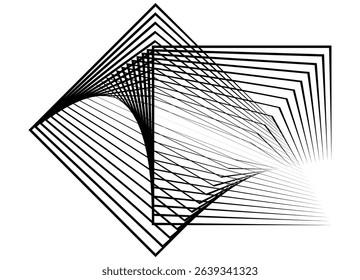 Abstract figure of squares flowing from thin black lines on a white background. Modern geometric design element. Black and white vector background for covers, advertising, social networks