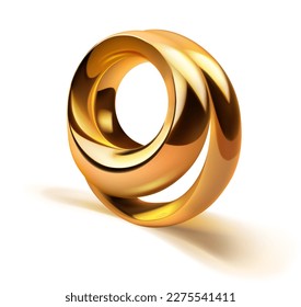 Abstract figure of two shiny metal rings of gold color, with a shadow on a white background