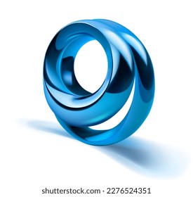 Abstract figure of two shiny metal rings of blue color, with a shadow on a white background