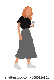 Abstract figure of a woman in a black T-shirt and gray skirt. Redhead woman with a cup of coffee, lifestyle, street fashion illustration. Fashion modern vector illustration