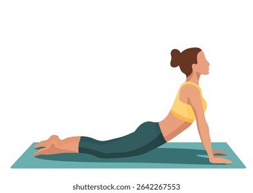 Abstract figure of a woman doing yoga on a mat in upward facing dog pose, isolated element on transparent background.