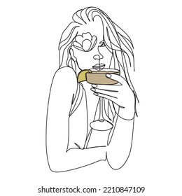 Abstract figure of a woman with a glass of wine. One line vector drawing. Portrait minimalistic style. Botanical print. Nature symbol of cosmetics. Modern continuous line art. Fashion print.Modern 