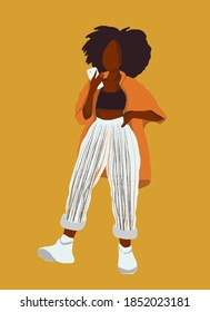 Abstract figure of an woman in striped pants, with a smartphone in her hand. Fashion vector modern illustration