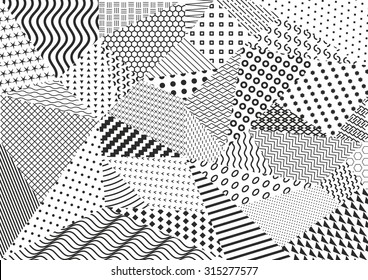 Abstract figured textured geometric background  Vector pattern illustration  Black   White Stripes  Crazy quilt