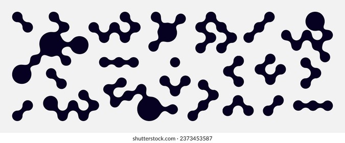 Abstract figures. Black silhouettes. Minimal circles and lines. Metaballs structure. Geometric icons. Contemporary brutalism. Molecule chain. Chemistry chain. Y2k collection. Vector graphic set