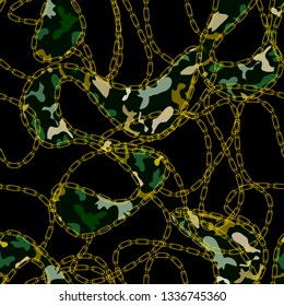 abstract figures with camouflage texture with golden chains on a dark color
