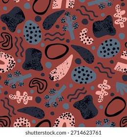 Abstract figures of different colors and shapes. Doodle seamless pattern. Botanical graphic elements. Repeated print. Scribble stones. Flat simple amorphous forms. Childish drawing. Vector background