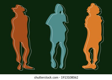 Abstract figures of females in flat and minimal style. Cartoon faceless characters in simple and colorful representation. Muted tones. Fictional fashion models posing in different clothes.  