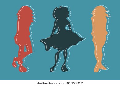 Abstract figures of females in flat and minimal style. Cartoon faceless characters in simple and colorful representation. Muted tones. Fictional fashion models posing in different clothes.  