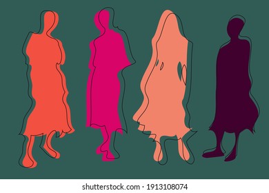 Abstract figures of females in flat and minimal style. Cartoon faceless characters in simple and colorful representation. Muted tones. Fictional fashion models posing in different clothes.  

